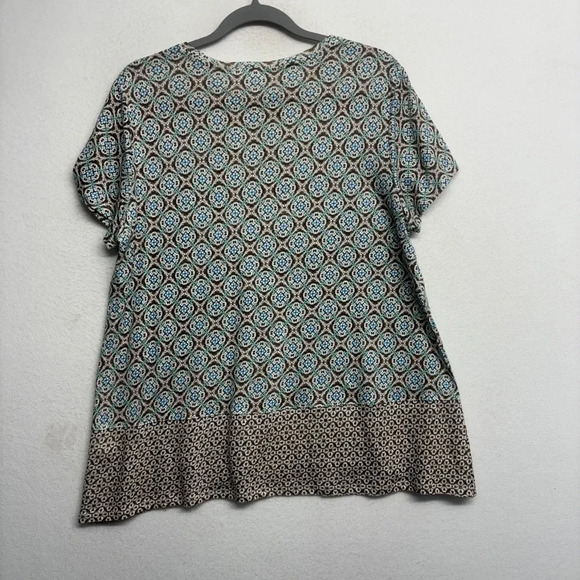 J Jill Love 100% Linen Tunic Blouse Blue Brown Printed M - Picture 2 of 7